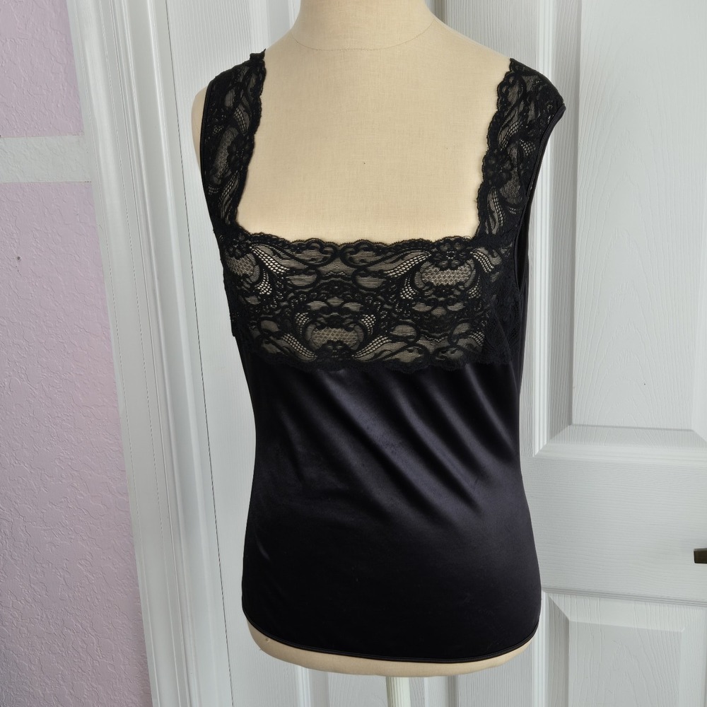 Wonder Maid Vtg Black Nylon And Lace Camisole Wide Strap Top Size M Made‎ In USA